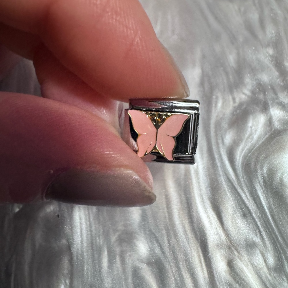 Pink Butterfly Stainless Steel Italian Charm Link